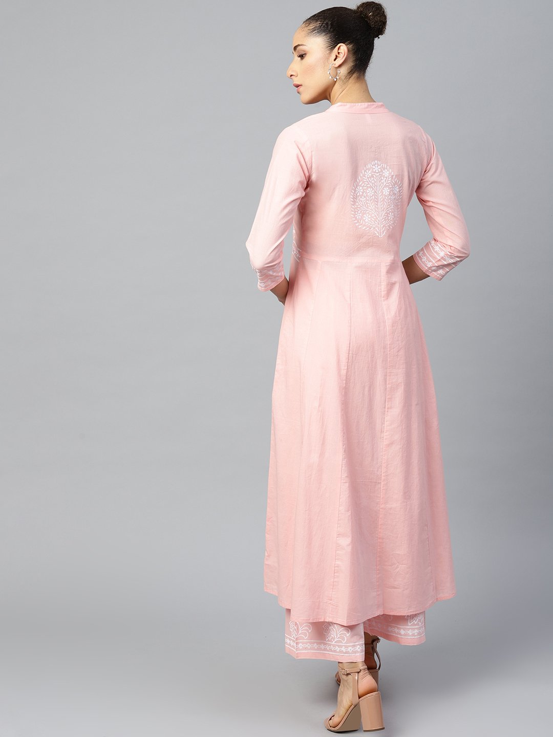 Women's Pink Three-Quarter Sleeves Flared Kurta With Palazzo Set