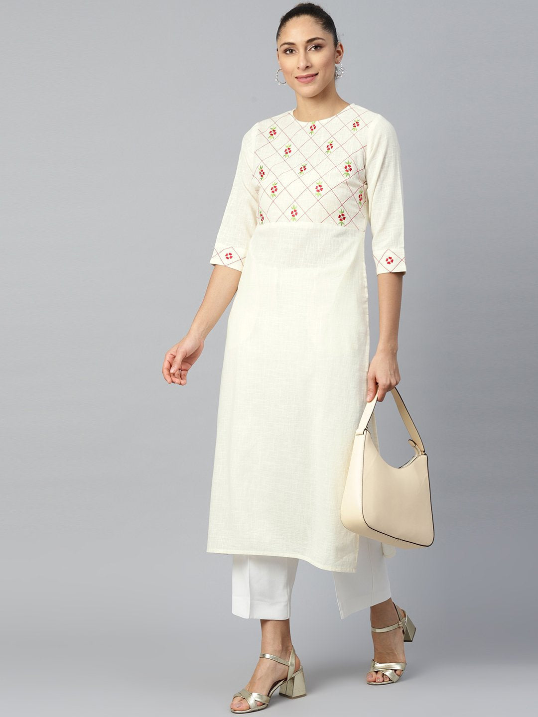 Women's Offwhite Calf Length Three-Quarter Sleeves Straight Woven Design Embroidered Cotton Kurta