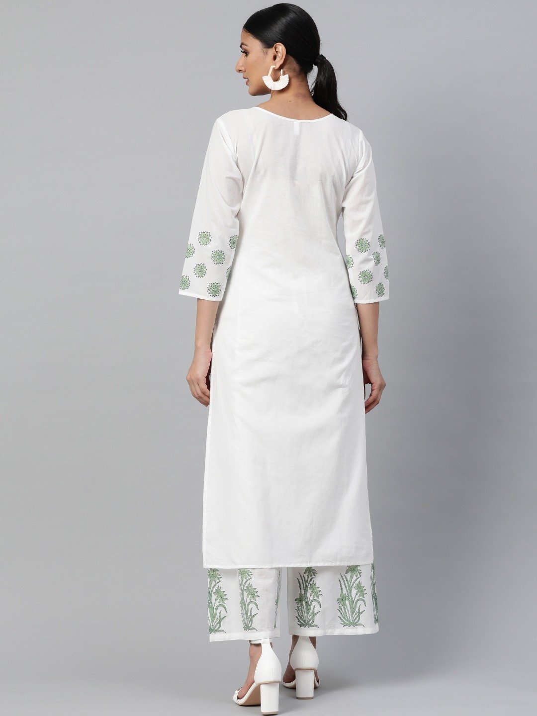 Women's White Three-Quarter Sleeves Straight Kurta With Palazzo