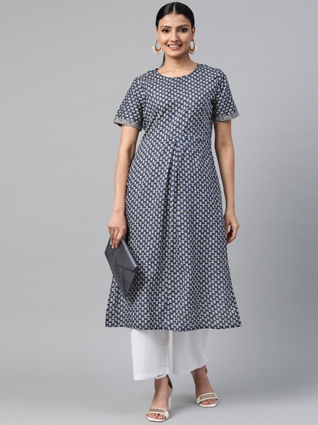 Women's Black Calf Length Short Sleeves Straight Floral Printed Cotton Kurta