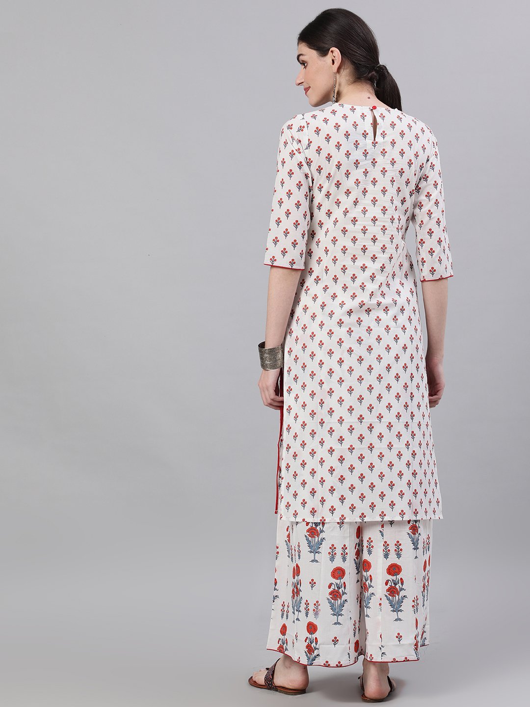 Women's White Three-Quarter Sleeves Straight Kurta And Wide Leg Palazzo Set