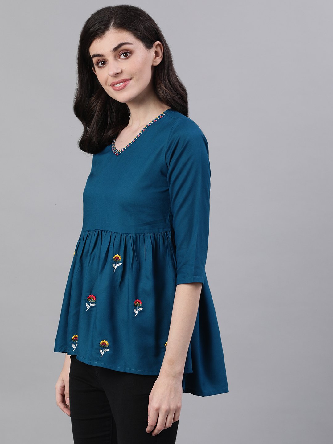 Women's Teal Blue Three-Quarter Sleeves Gathered Or Pleated Top