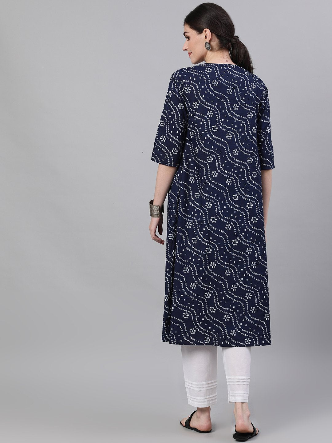 Women's Navy Blue Three-Quarter Sleeves Flared Kurta With Palazzo