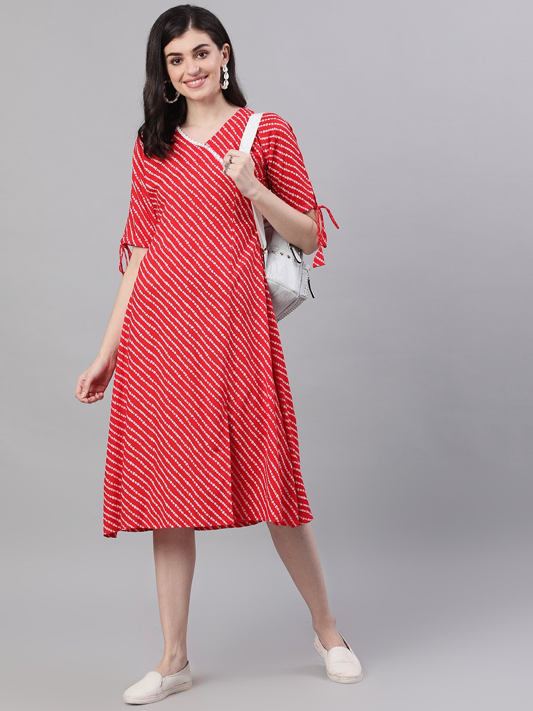 Women's Red Striped Striped V-Neck Viscose Rayon A-Line Dress