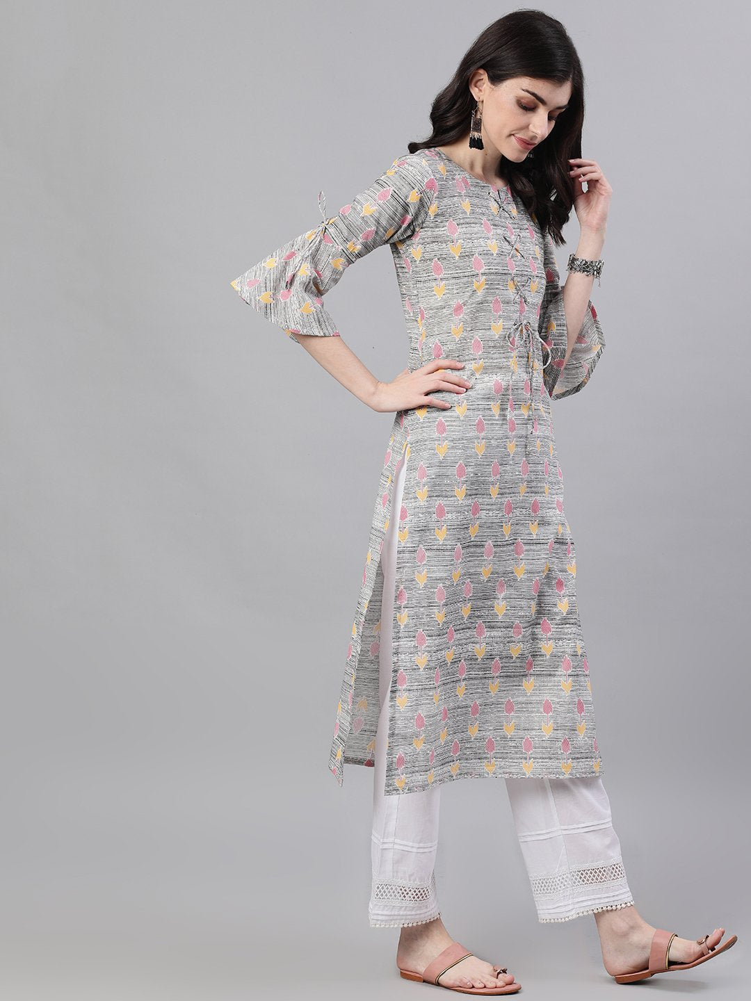 Women's Grey Ethnic Motifs Printed V-Neck Cotton A-Line Dress