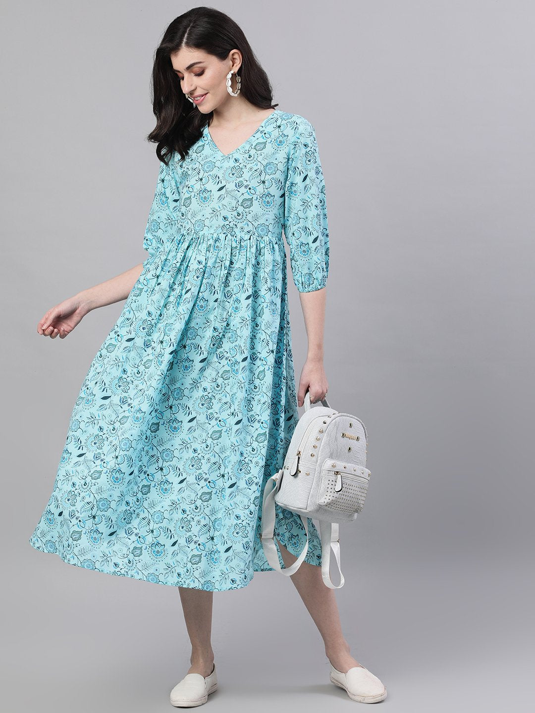 Women's Blue Floral Printed V-Neck Cotton Fit And Flare Dress