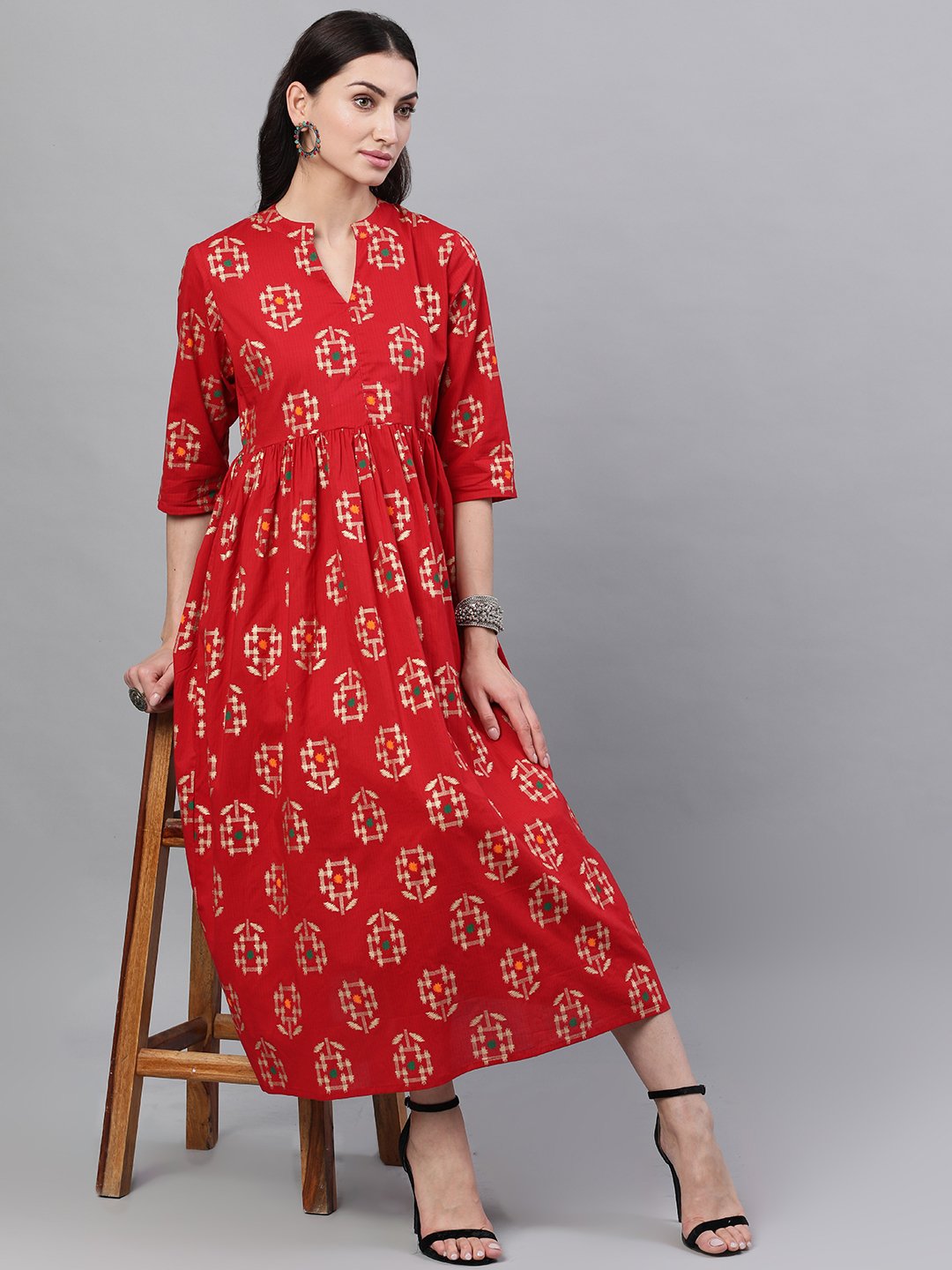 Women's Red Ethnic Motifs Printed Mandarin Collar Viscose Rayon Maxi Dress