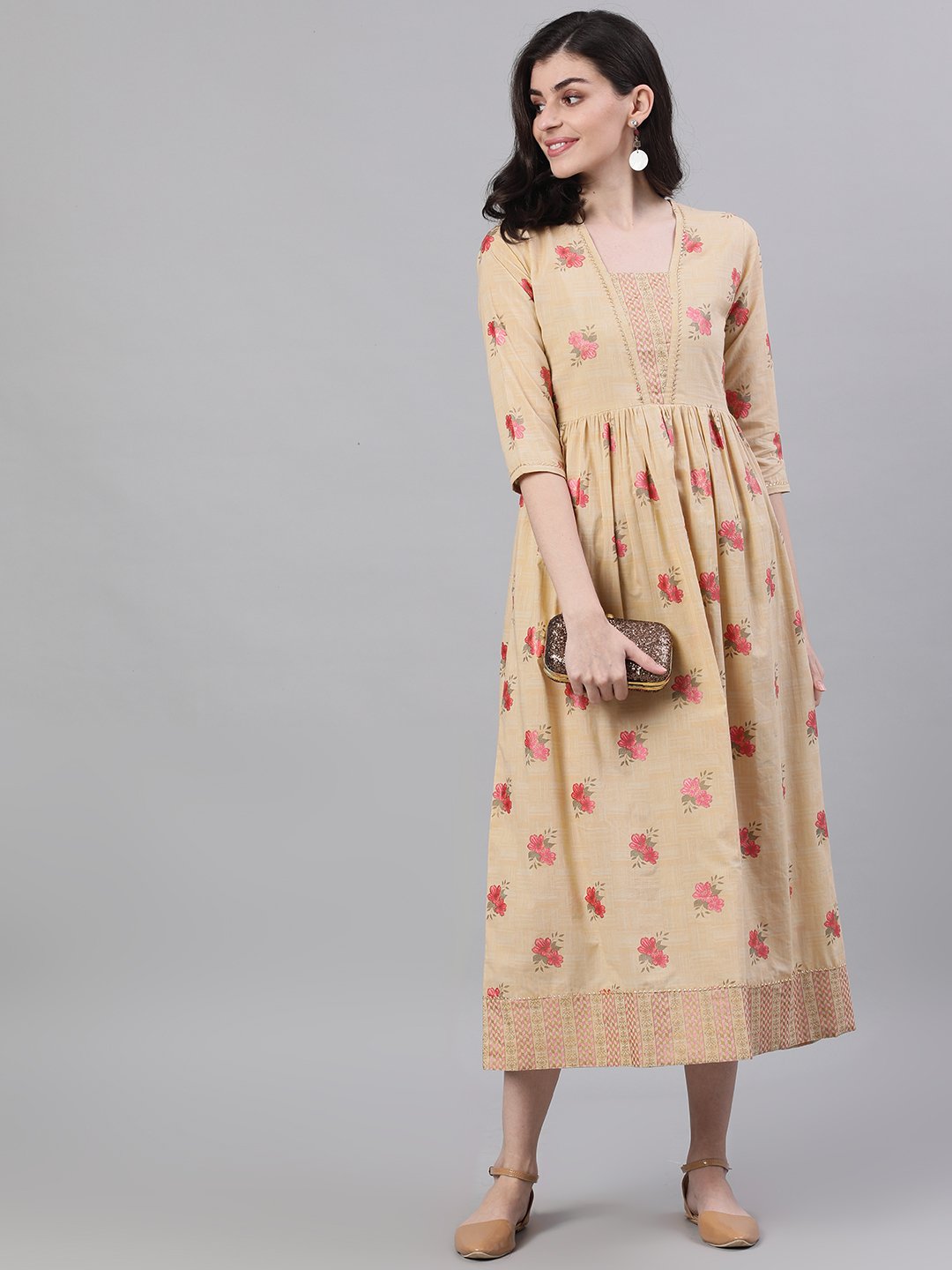 Women's Yellow Floral Printed Square Neck Cotton Maxi Dress