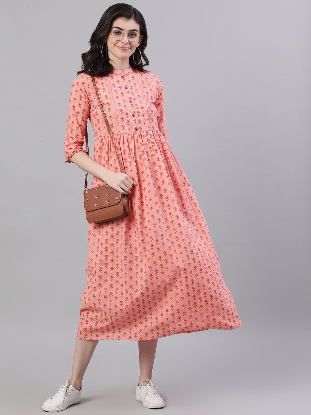 Women's Pink Floral Printed Mandarin Collar Cotton Maxi Dress