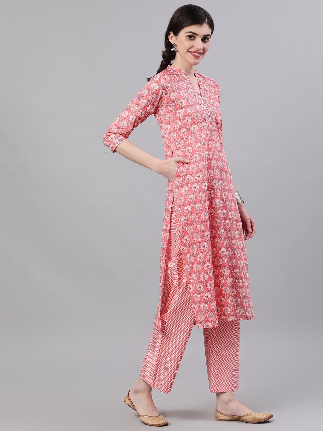 Women's Pink Three-Quarter Sleeves Straight Kurta Palazzo With Dupatta