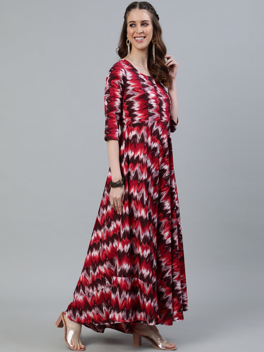 Women's Pink Printed Maxi Dress With Three Quarter Sleeves