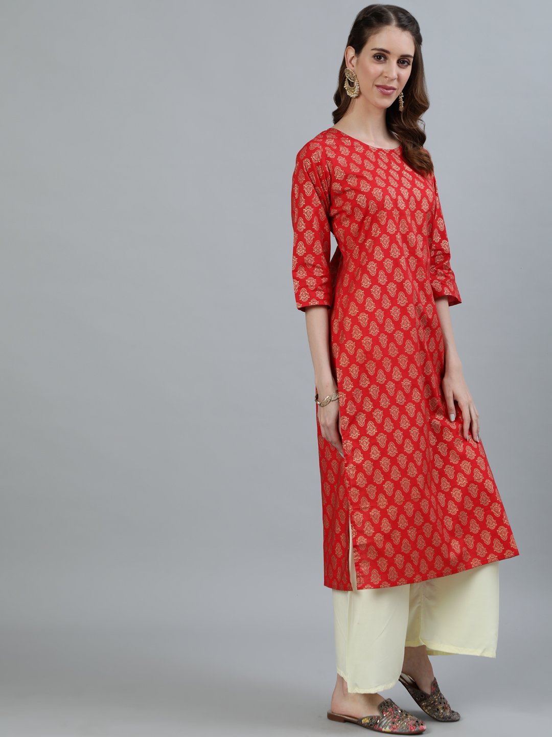 Women's Red Printed Straight Kurta With Three Quarter Sleeves