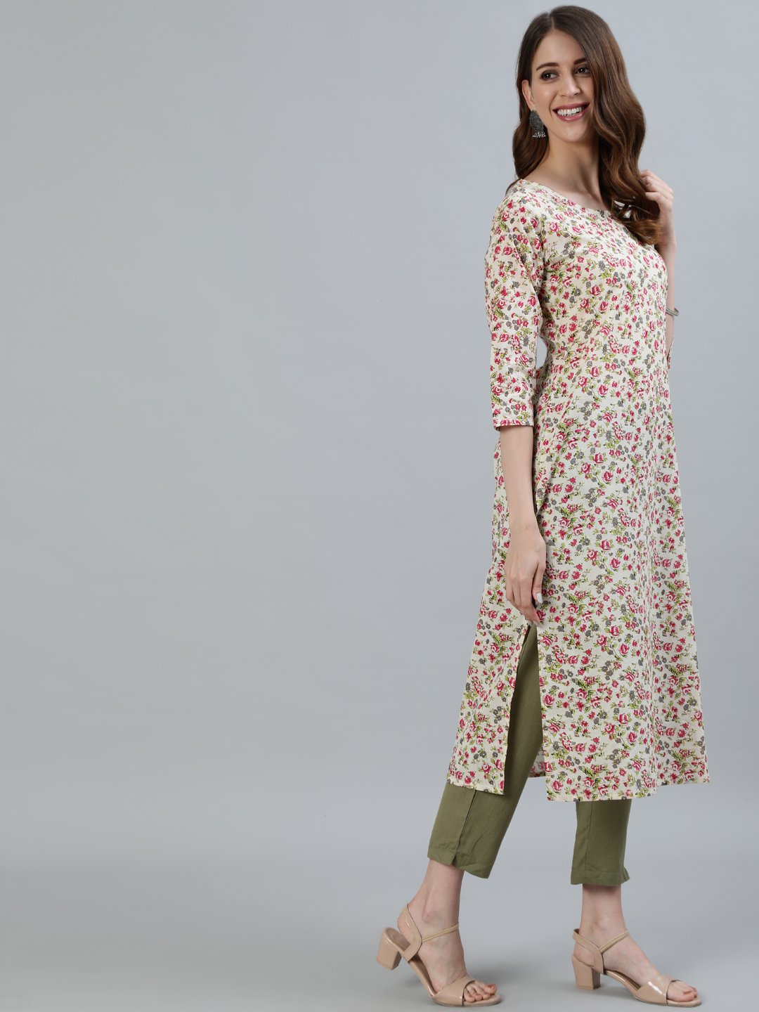 Women's Cream Floral Printed Straight Kurta With Three Quarter Sleeves