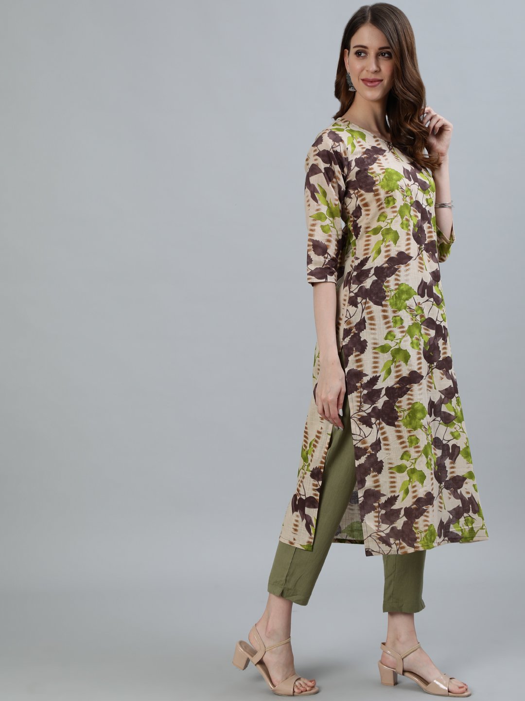 Women's Beige Floral Printed Straight Kurta With Three Quarter Sleeves