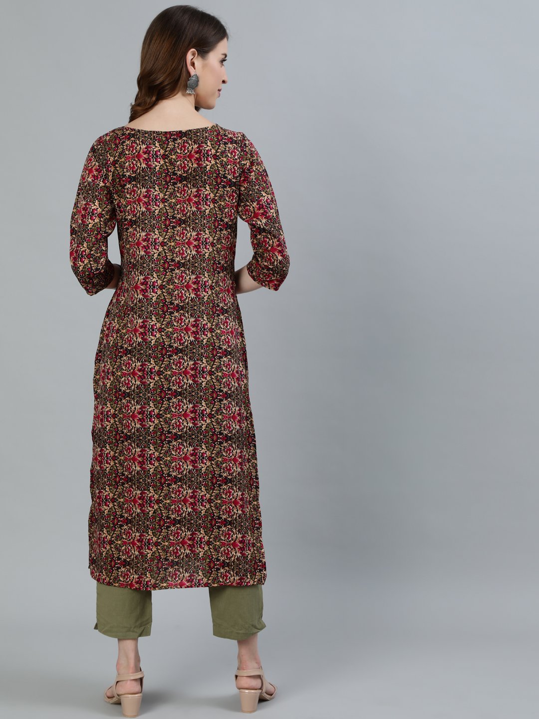 Women's Olive Green Printed Straight Kurta With Three Quarter Sleeves