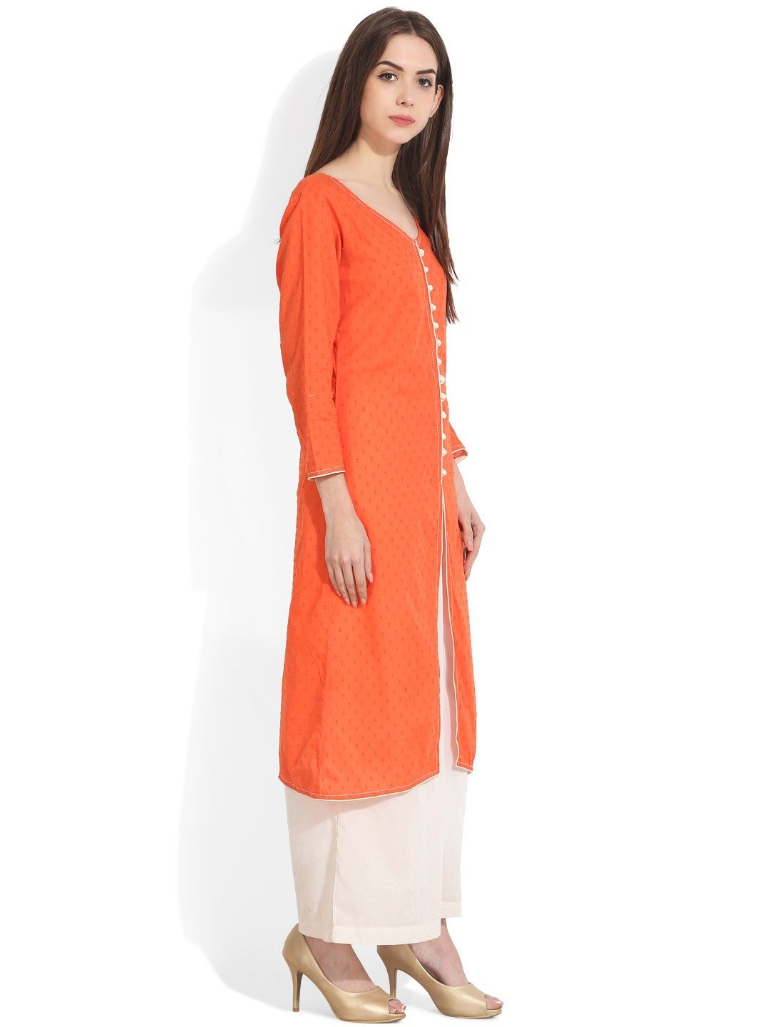 Women's Orange Woven Design A-Line Kurta