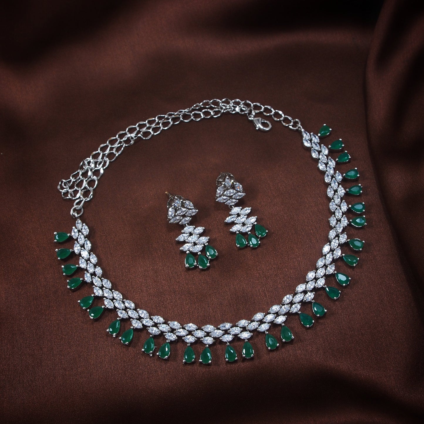 Women's Rhodium Green Jewellery Set