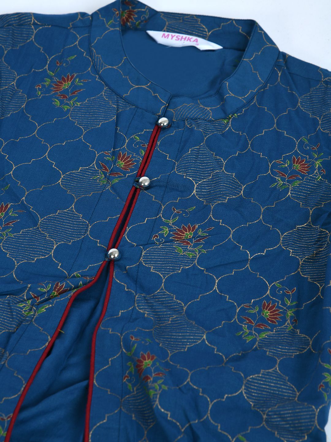 Women's Blue Cotton Printed Full Sleeve Mandarin Neck Casual Kurta Jacket Set