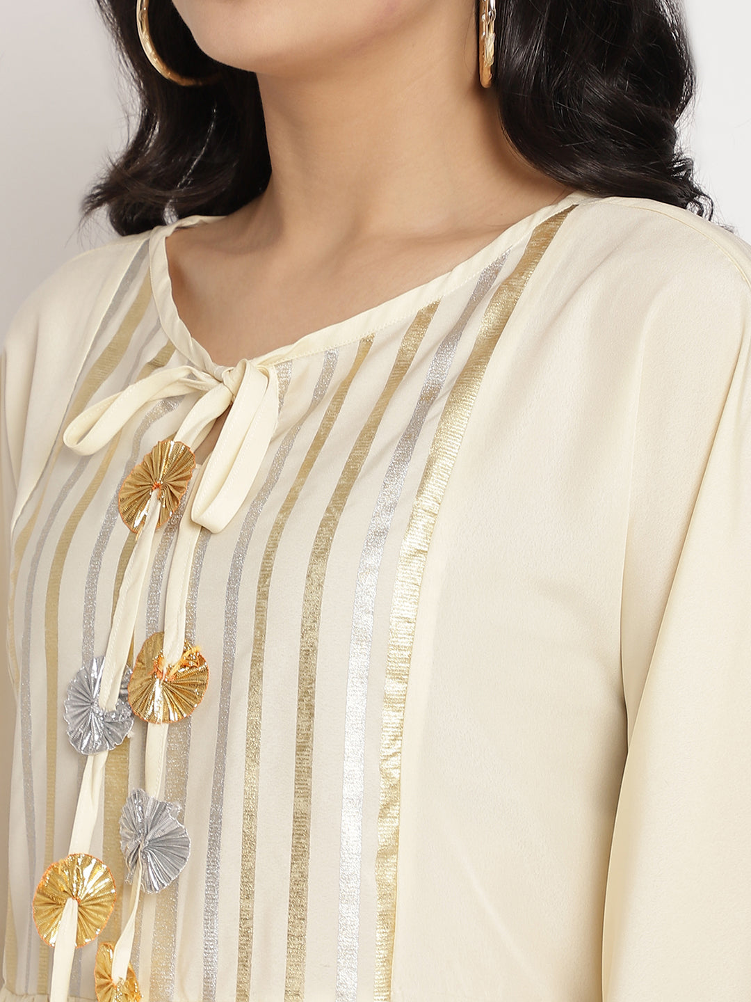 Women's Off White Printed Gotta Patti Kaftan Style Kurta With Palazzo