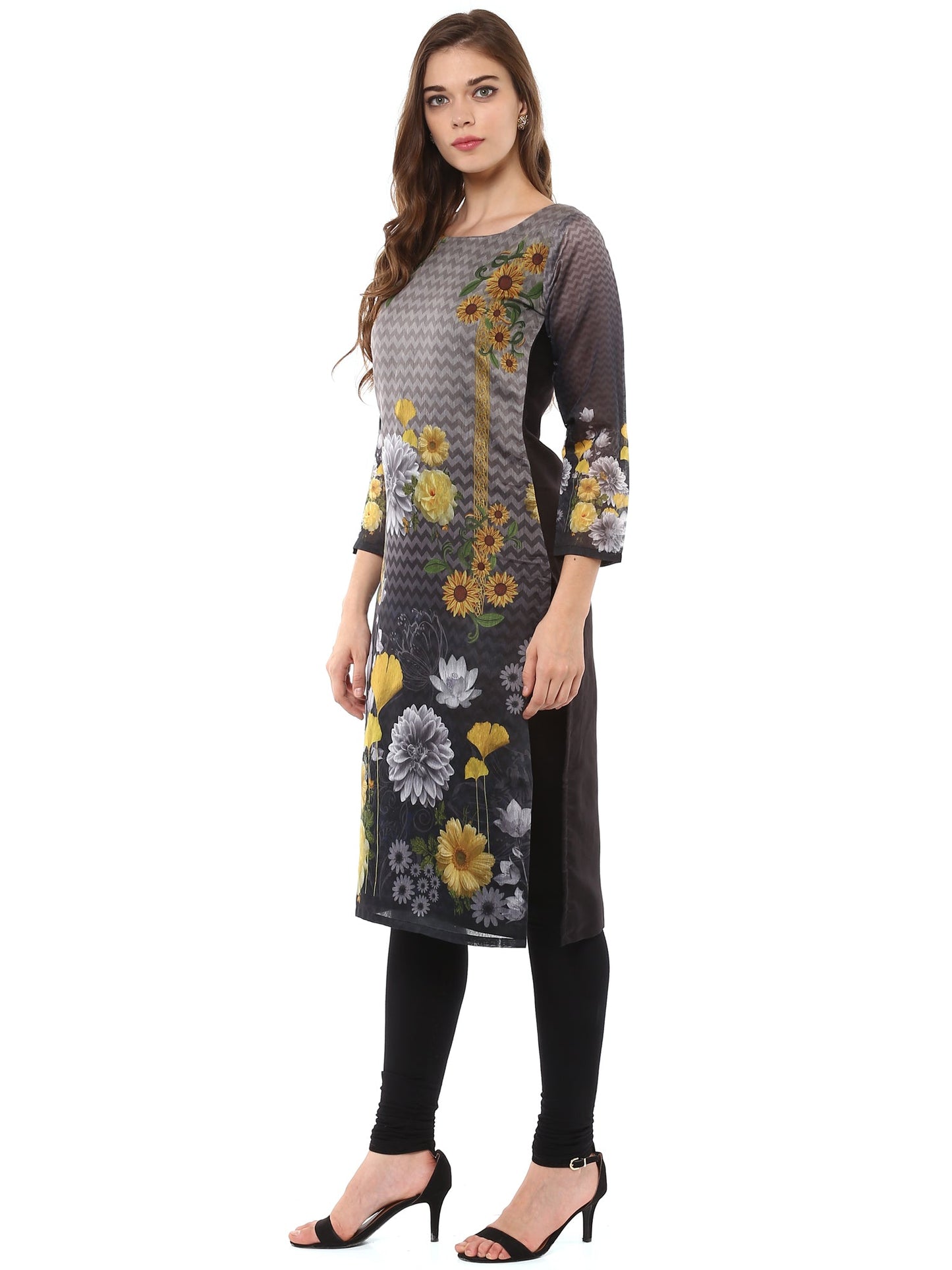 Women's Digital Printed Floral Black Chanderi Only Kurta