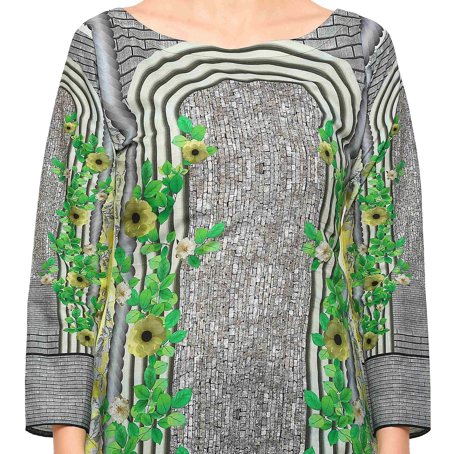 Women's Yellow Grey Floral Abstract Cotton Only Kurta