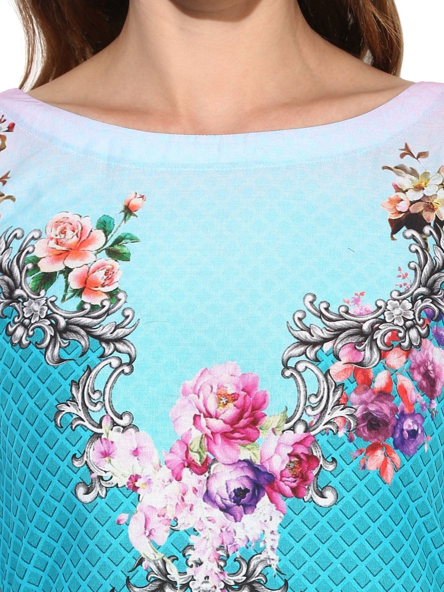 Women's Blue Pink Floral Digital Printed Cotton Only Kurti