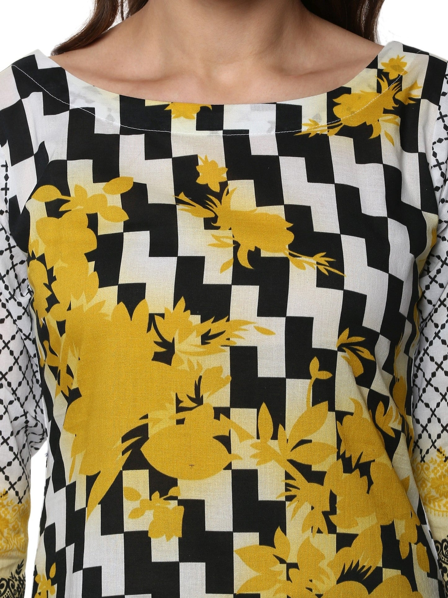 Women's Black & White Checkered Floral Yellow Cotton Printed Only Kurti