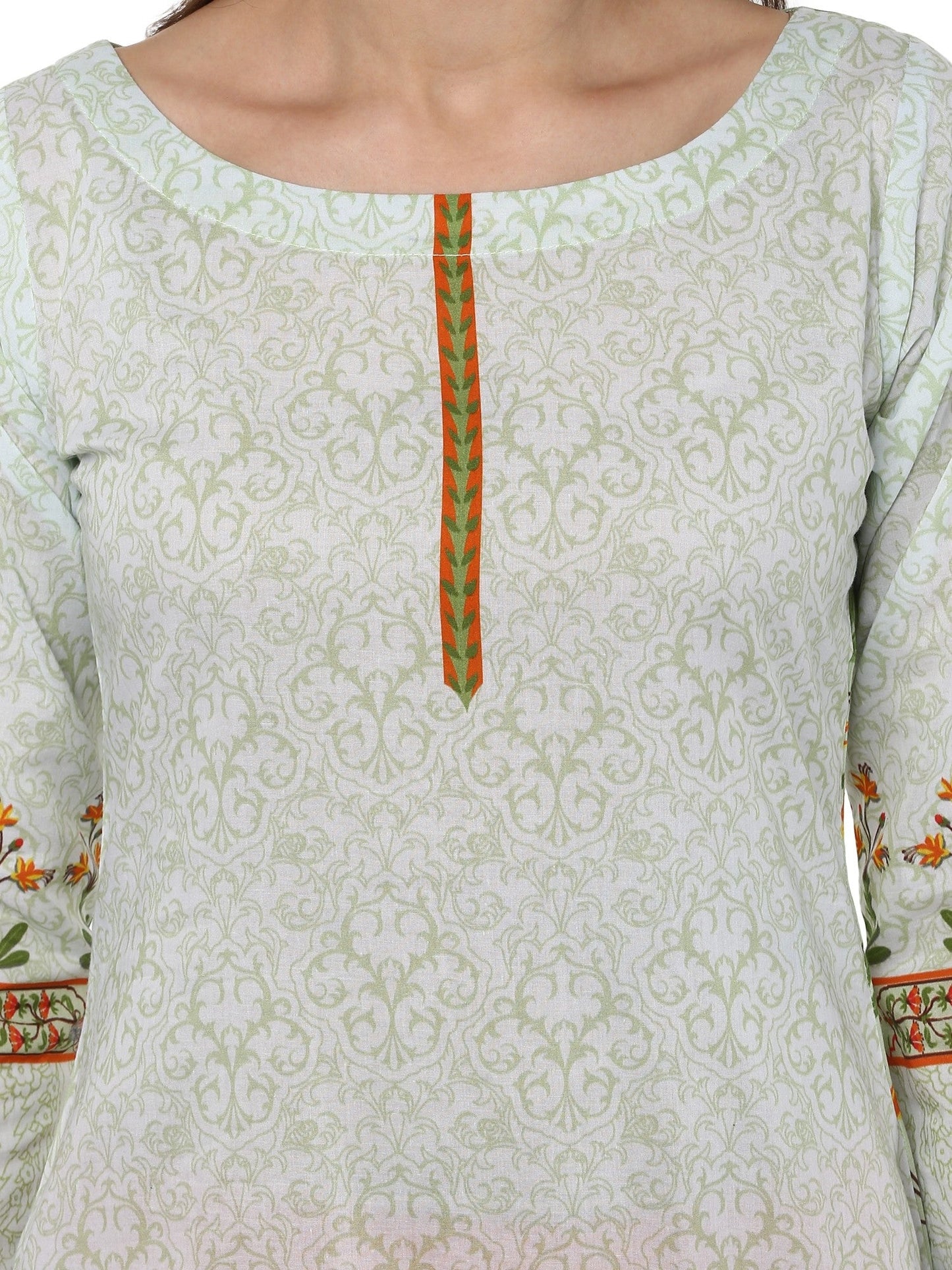 Women's Pista Color Floral Mughal Designer Cotton Print Only Kurti