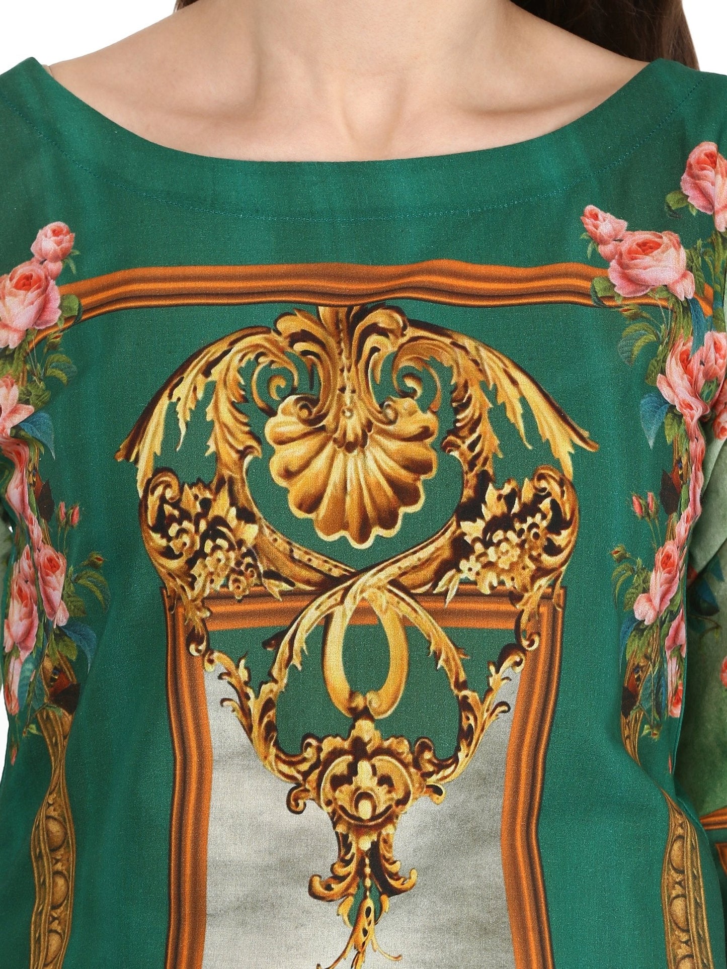 Women's Dark Green Floral Victorian Cotton Digital Printed Only Kurti