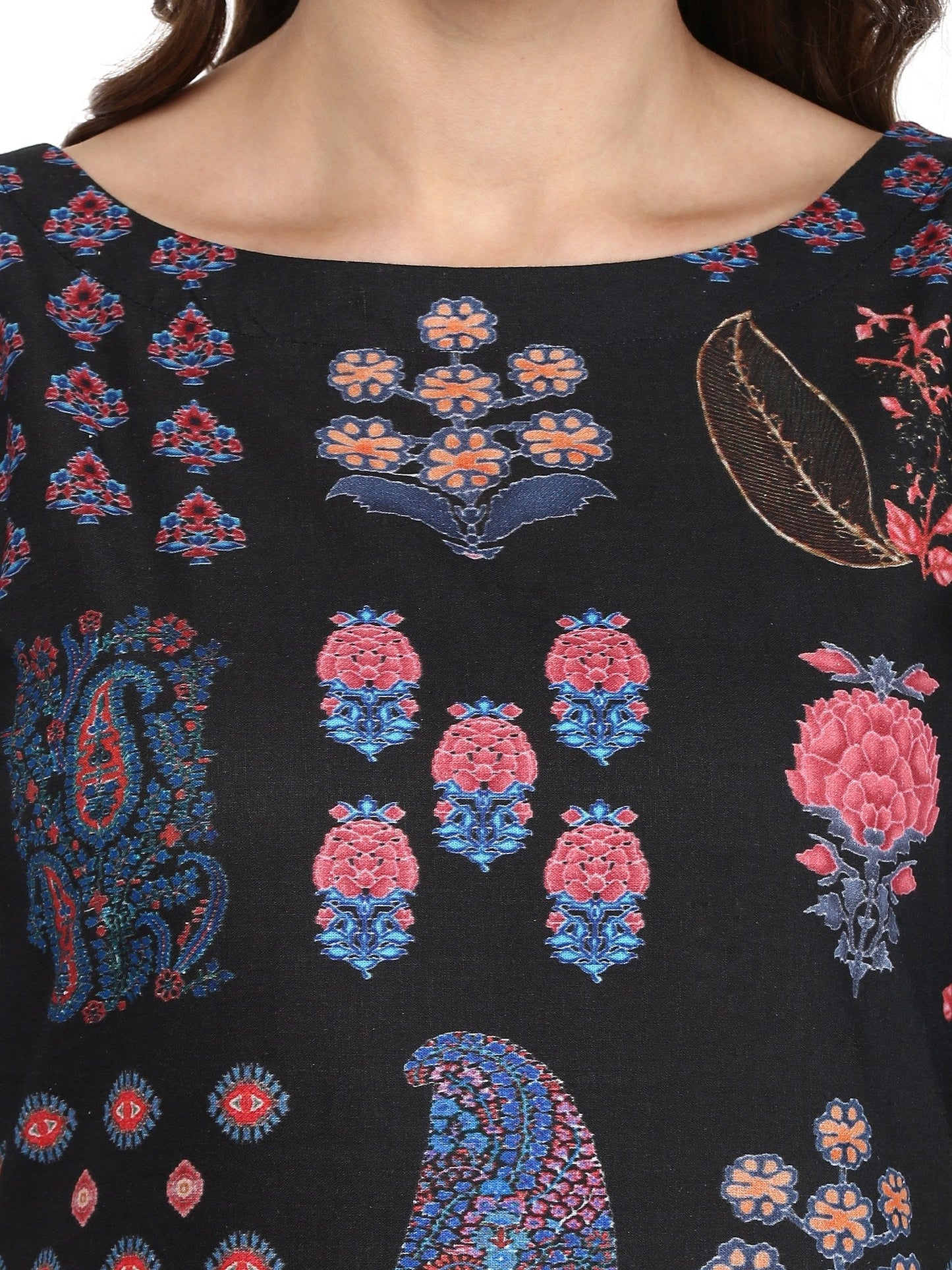 Women's Black Kashmiri Motif Print Cotton Only Kurti