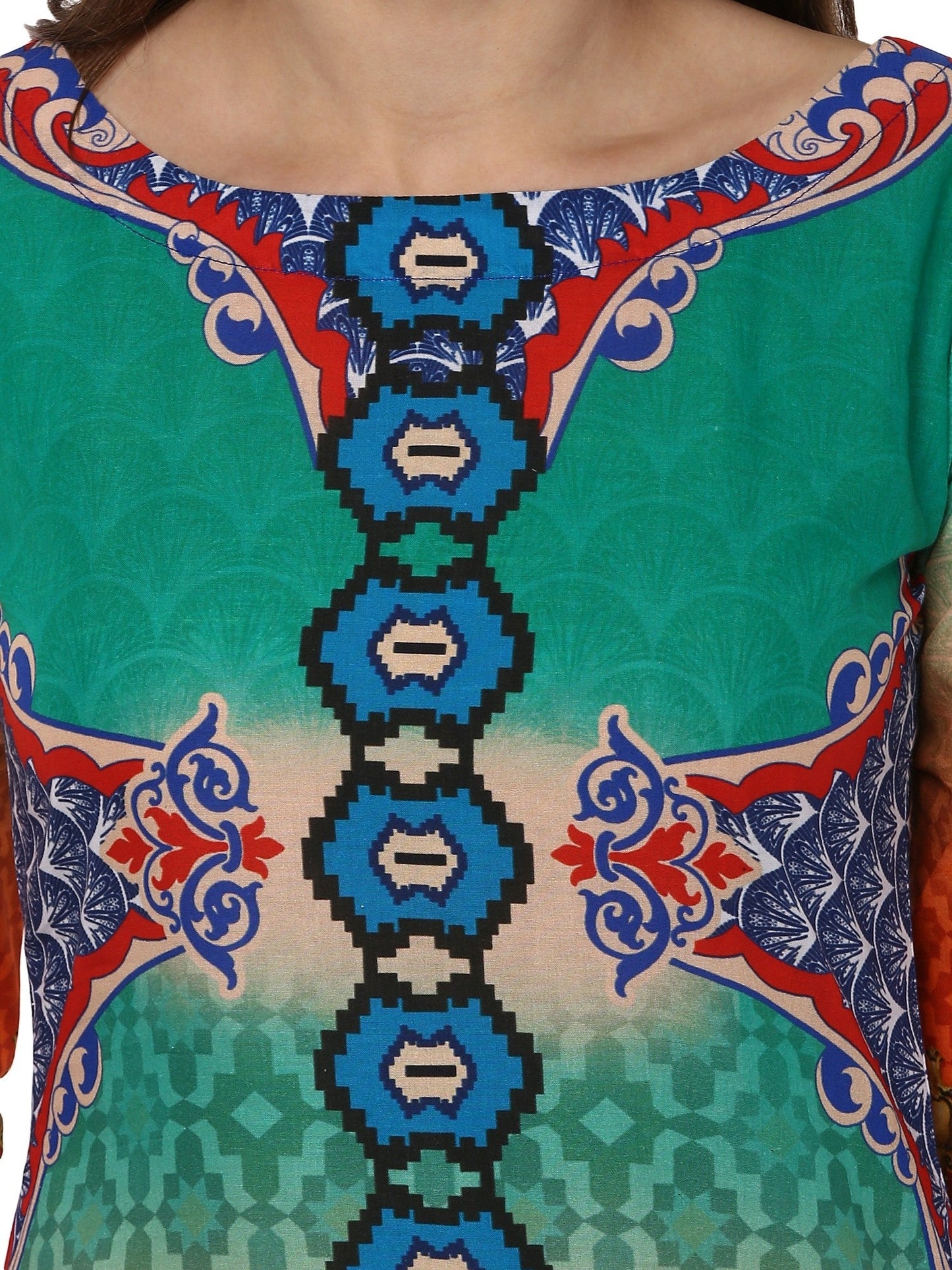 Women's Orange Green Cotton Digital Printed 3/4Th Sleeve Only Kurti