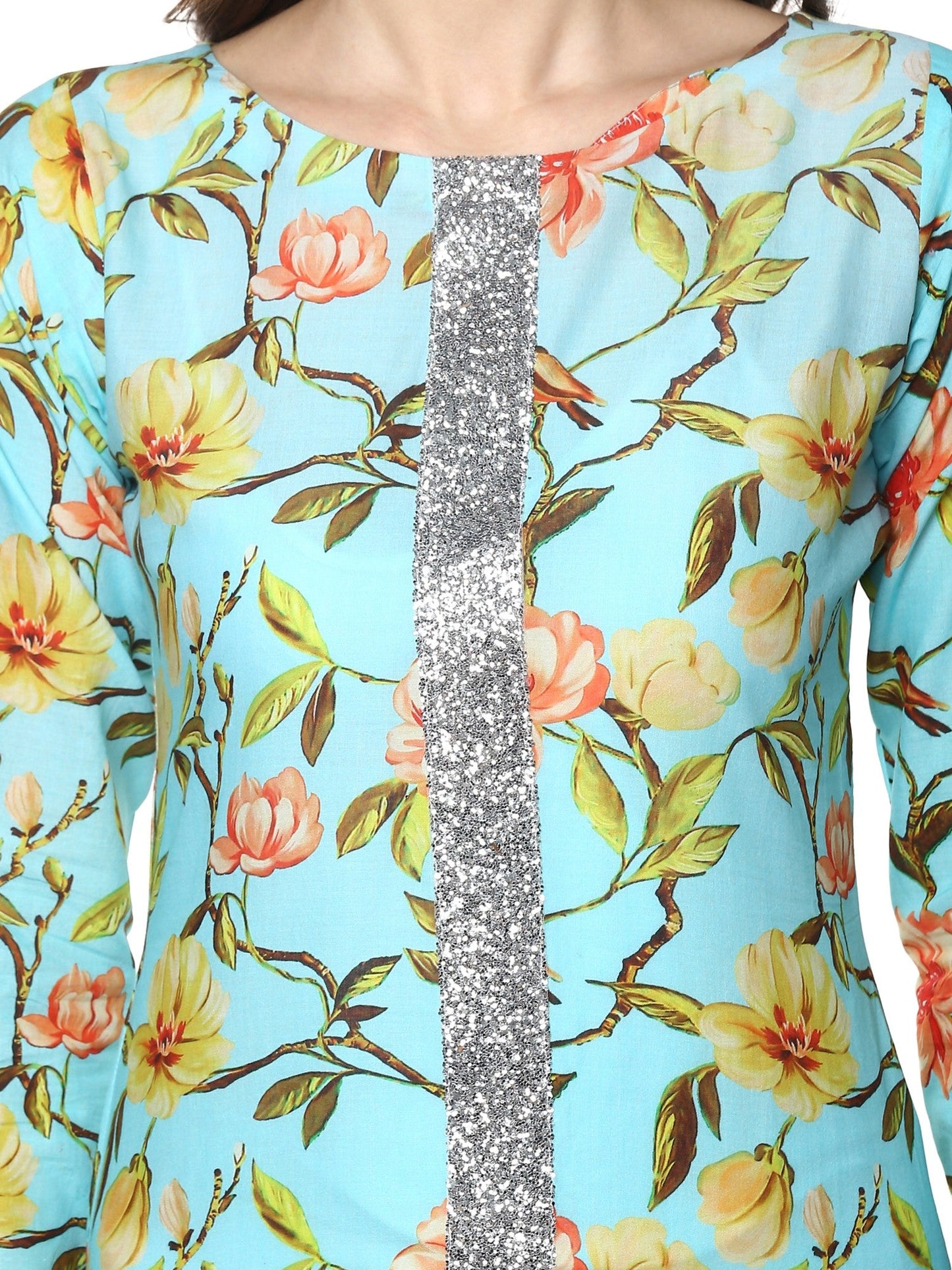 Women's Floral Cotton Partywear Straight Only Kurta With Silver Border
