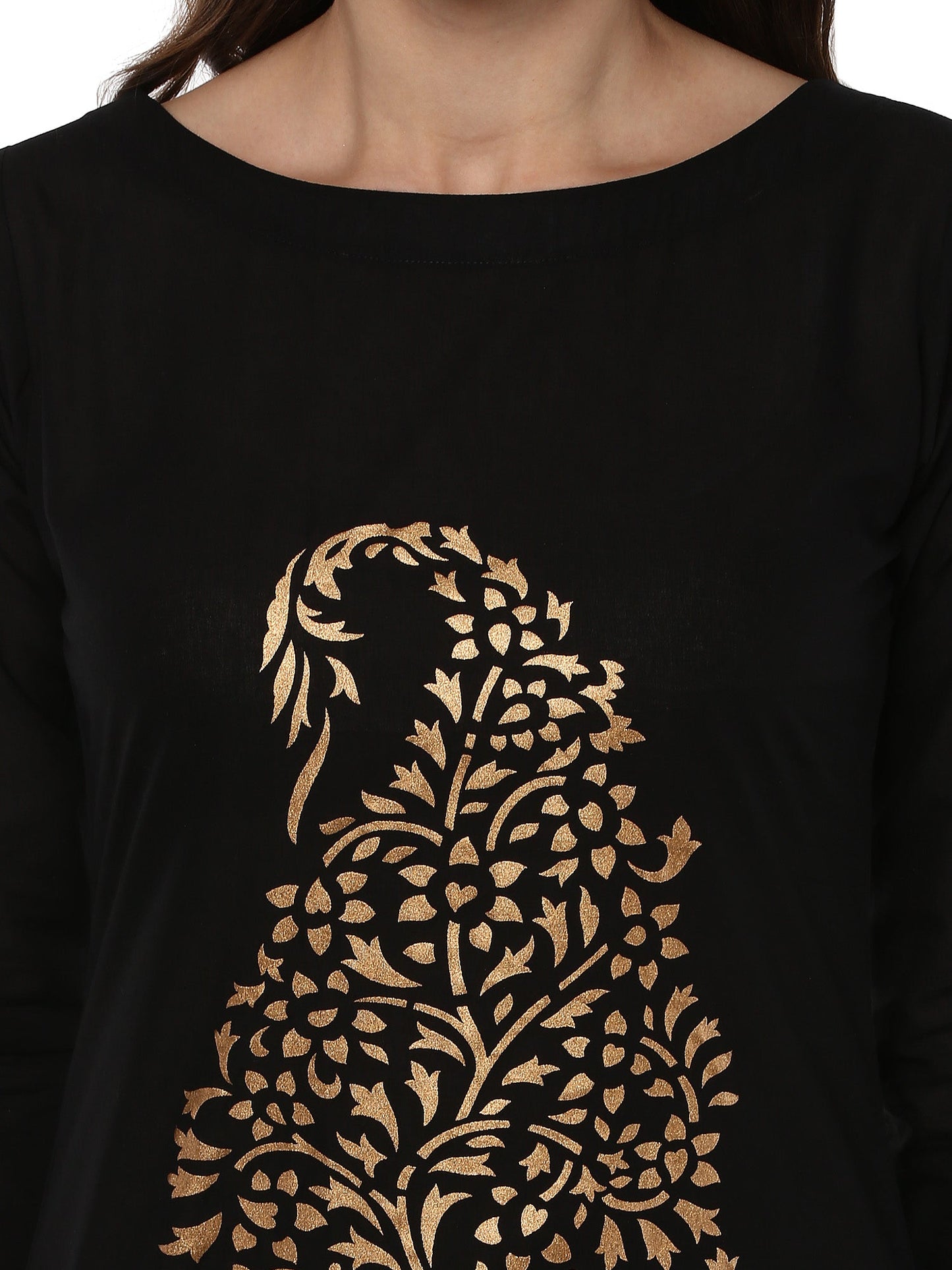 Women's Gold Paisley Hand Printed Black Cotton Only Kurta