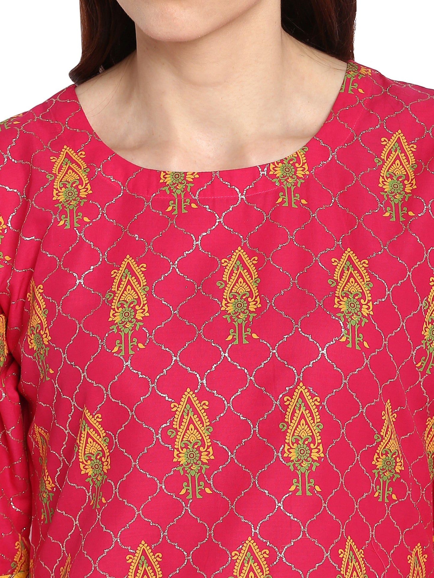 Women's Pink Cotton Only Kurta With Fit & Flare Sleeves