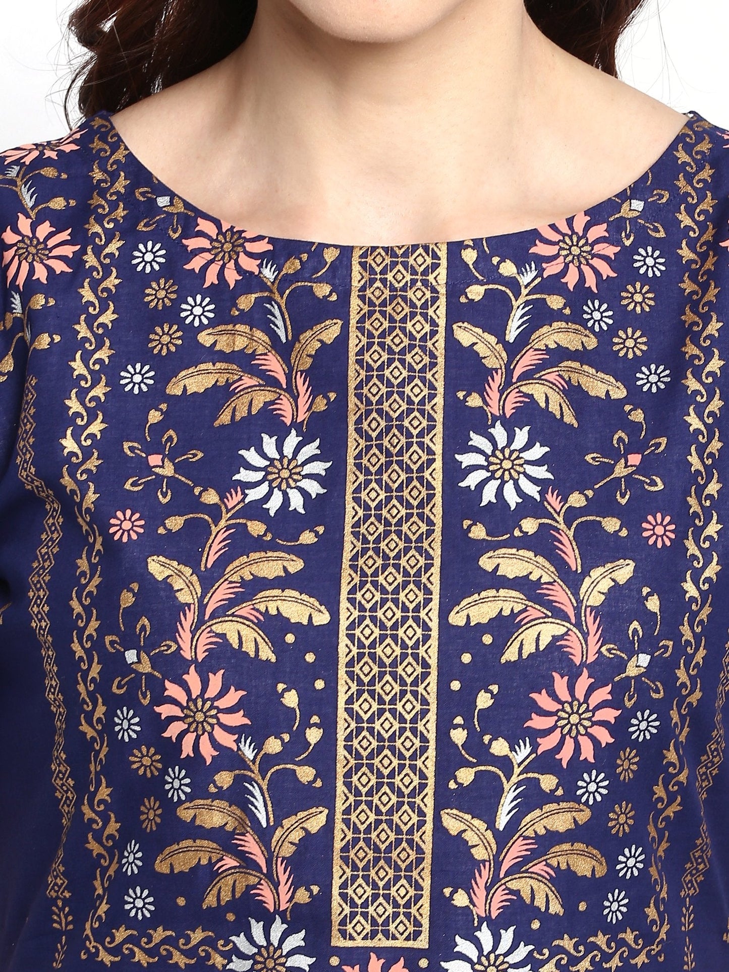 Women's Double Layered Blue & White Printed Cotton Only Kurta Dress