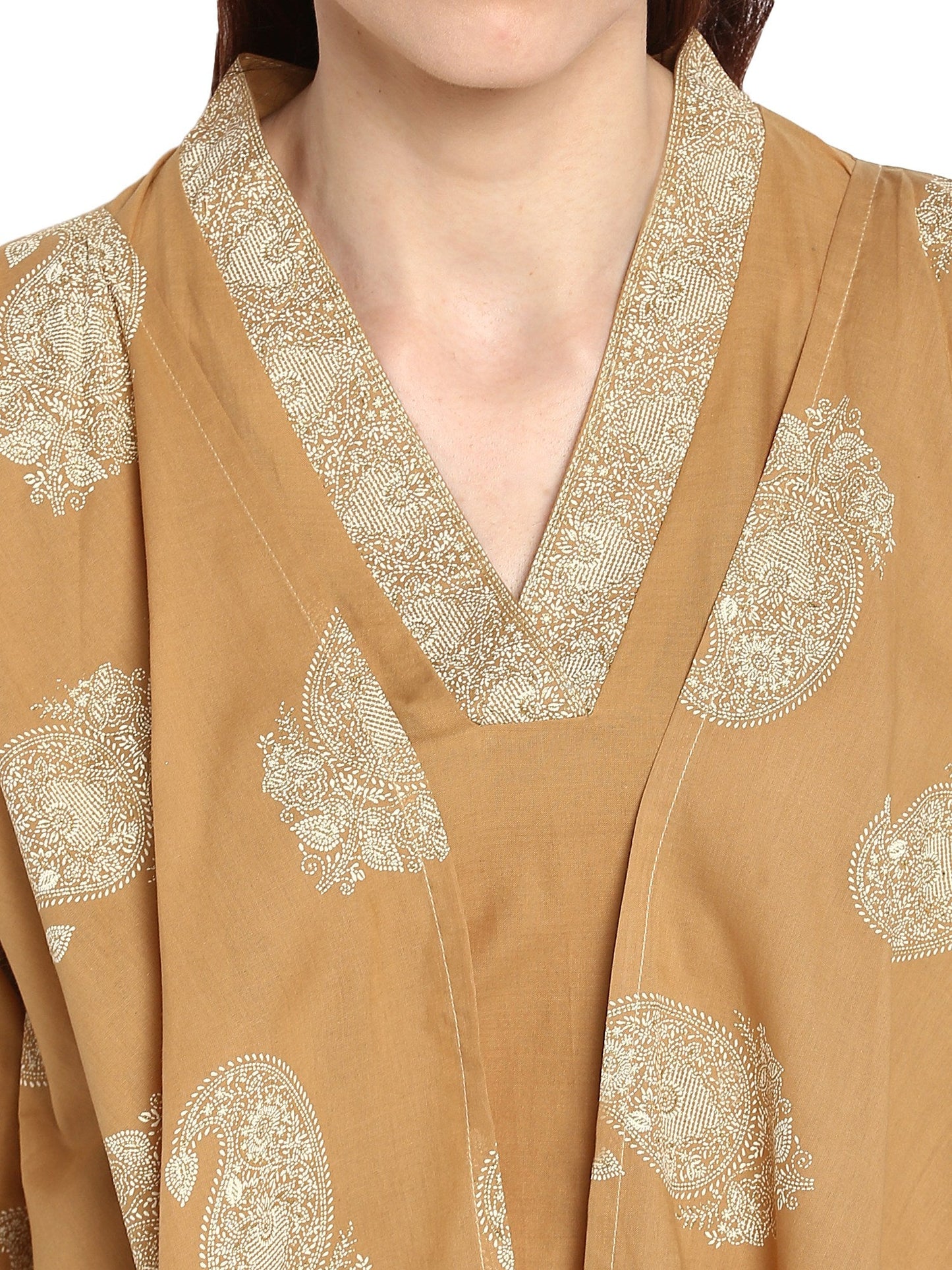 Women's Beige Printed Cotton Only Kurta With Attached Cape Scarf Extensions