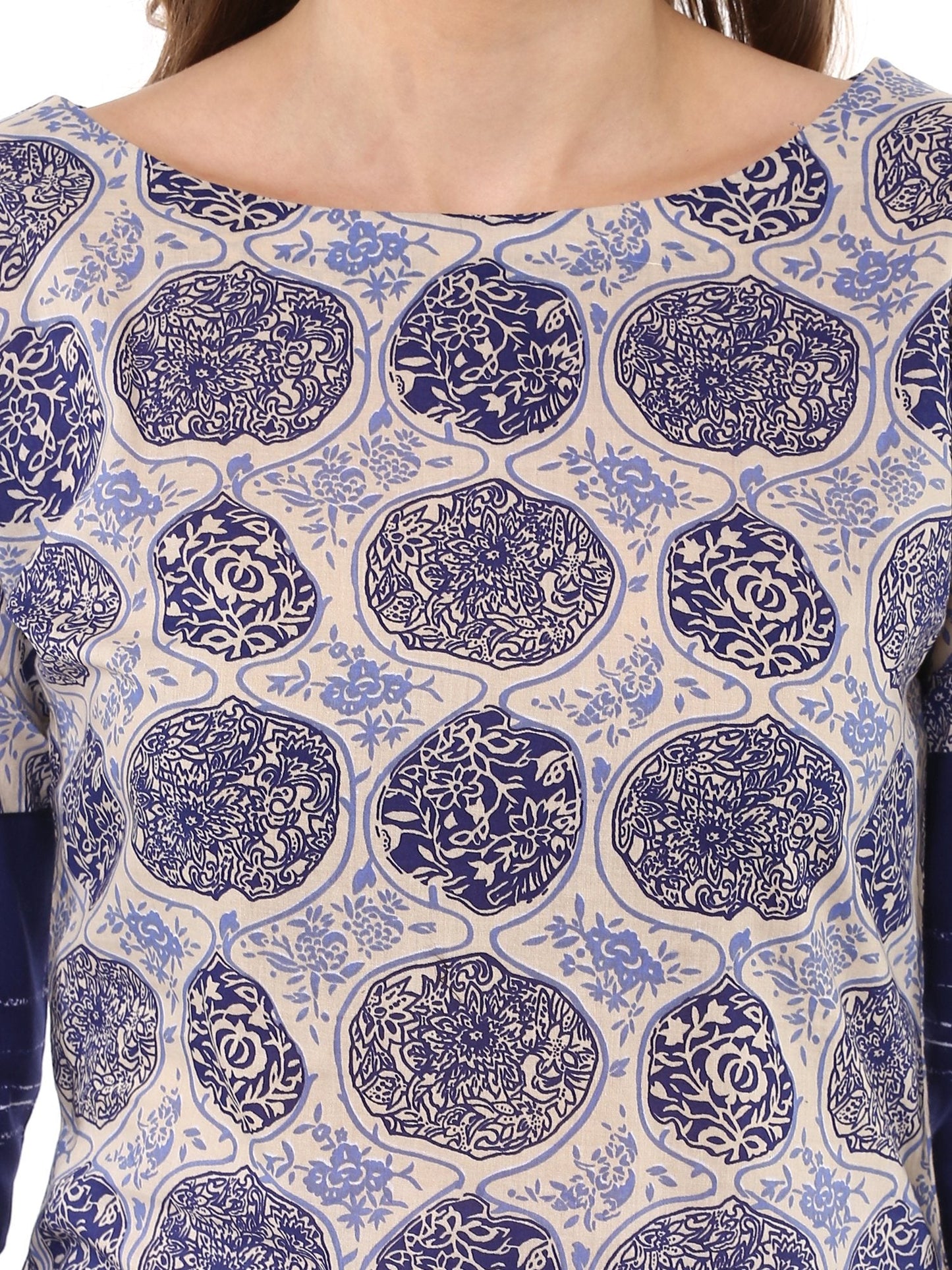 Women's Indigo & Beige Hand Printed Cotton Only Kurta