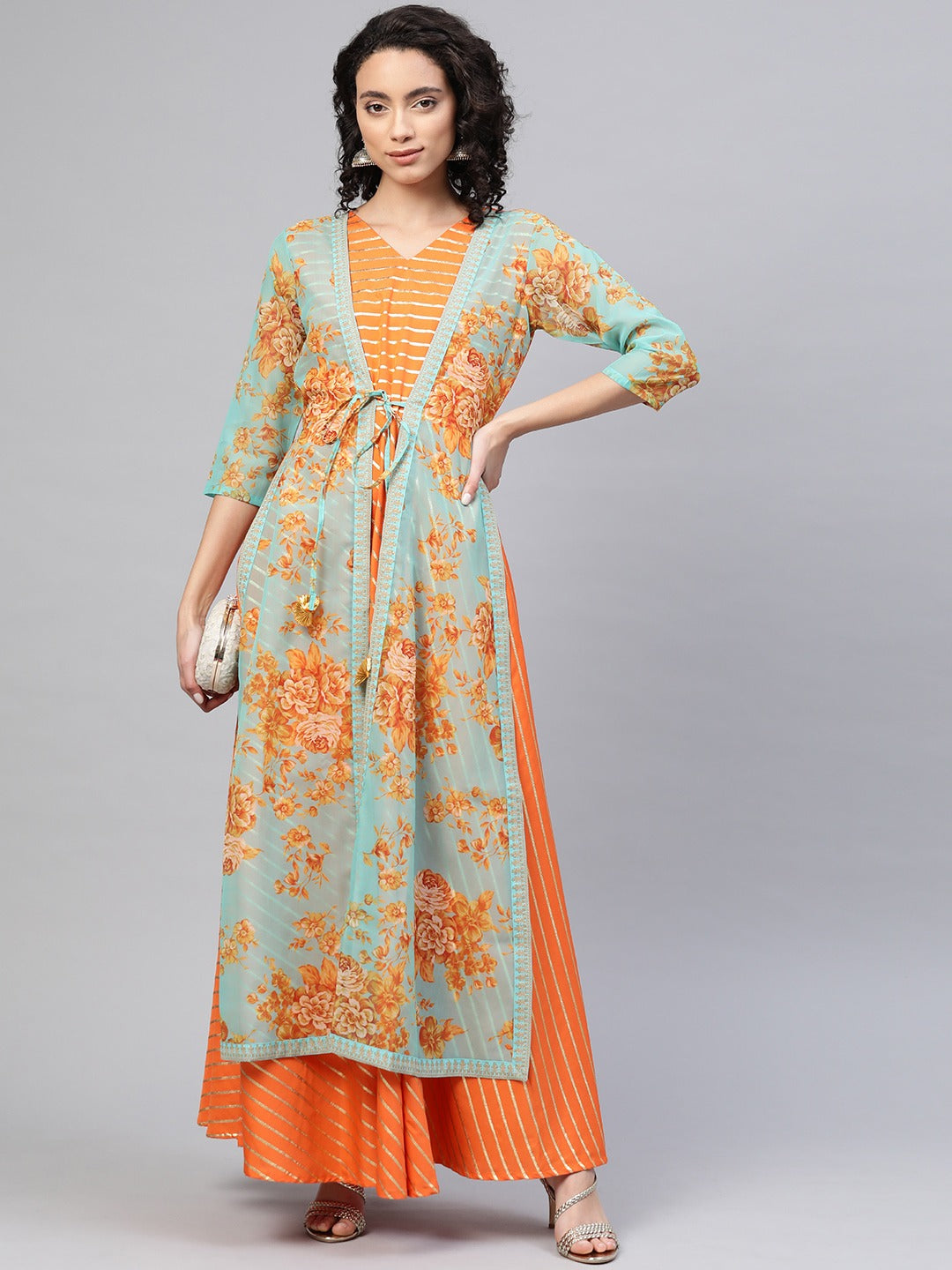 Women's Orange Crepe Printed Kurt
