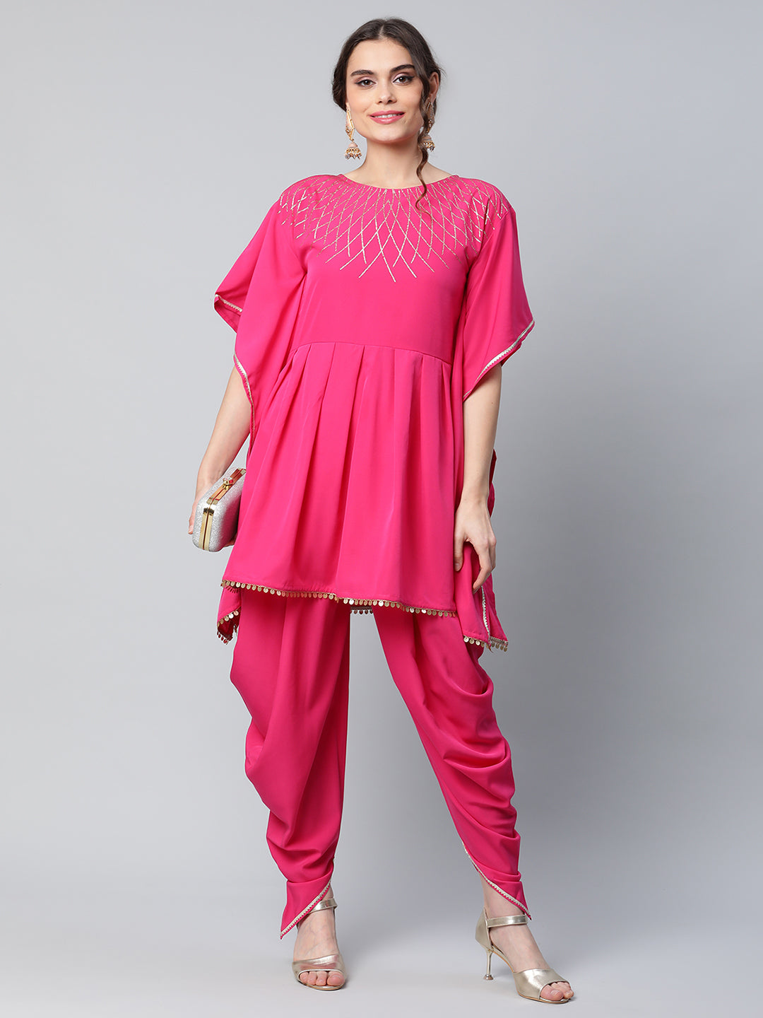 Women's Pink Crepe Glitter Printed Kurta With Dhoti Pants