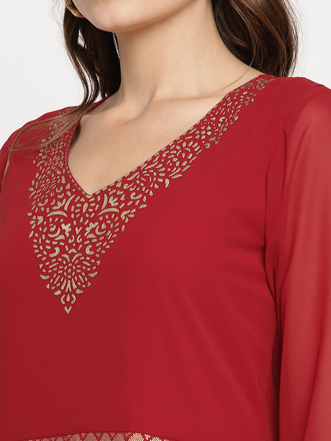 Women's Maroon Georgette Gold Foil Print Flared Kurta With Dupatt