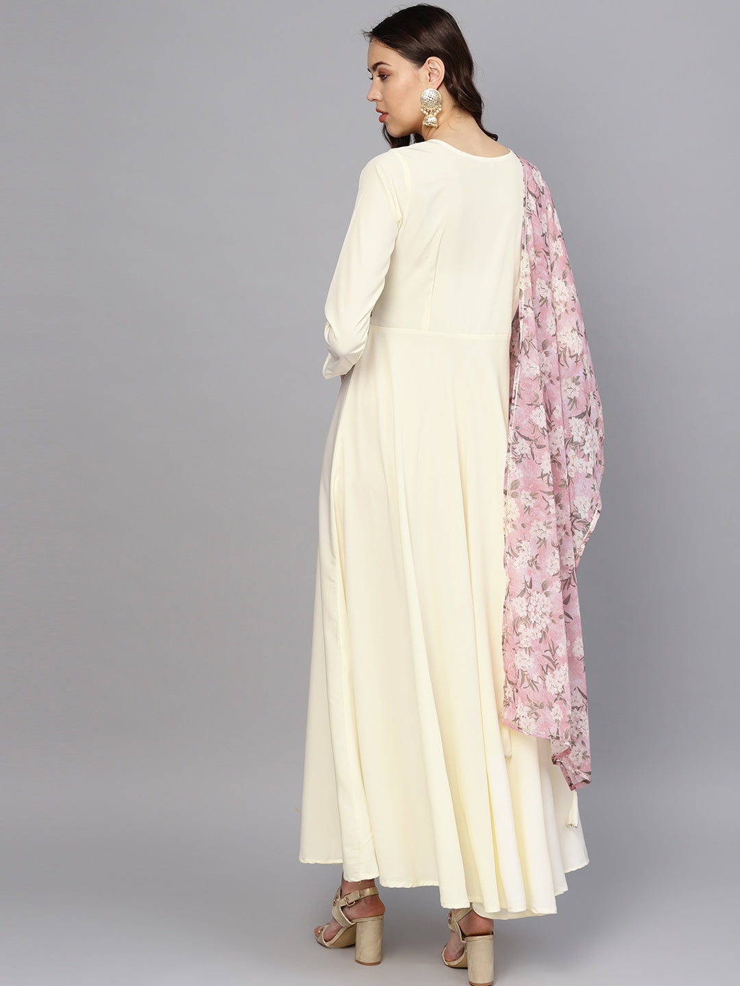 Women's Cream A Line Kurta With Dupatta
