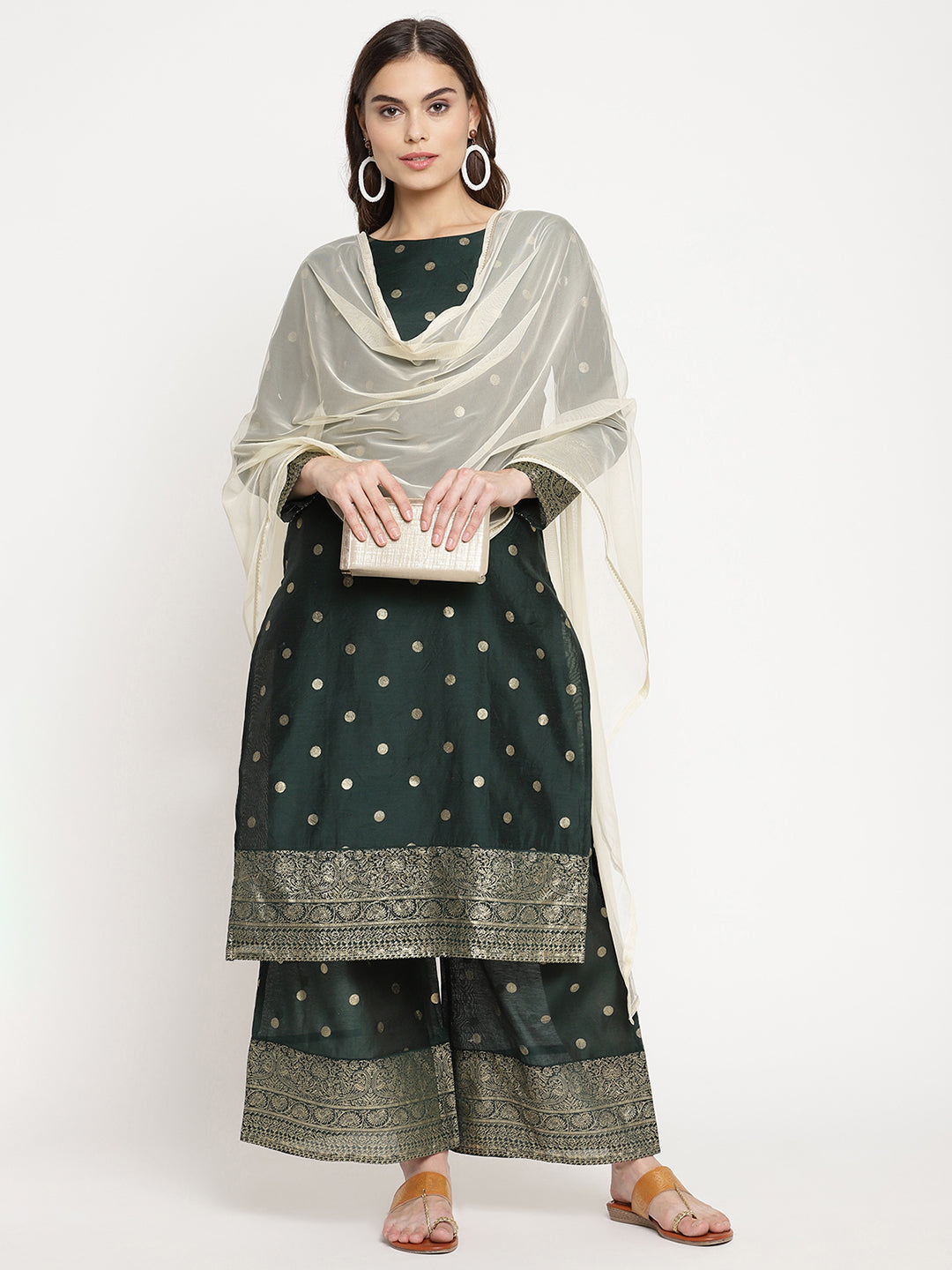 Women's Dark Green Gold Print Kurta Palazzo Set With Dupatt
