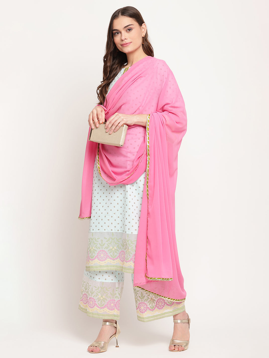 Women's Sea Green Ethnic Motifs Gold Printed Kurta Palazzo Set With Dupatt