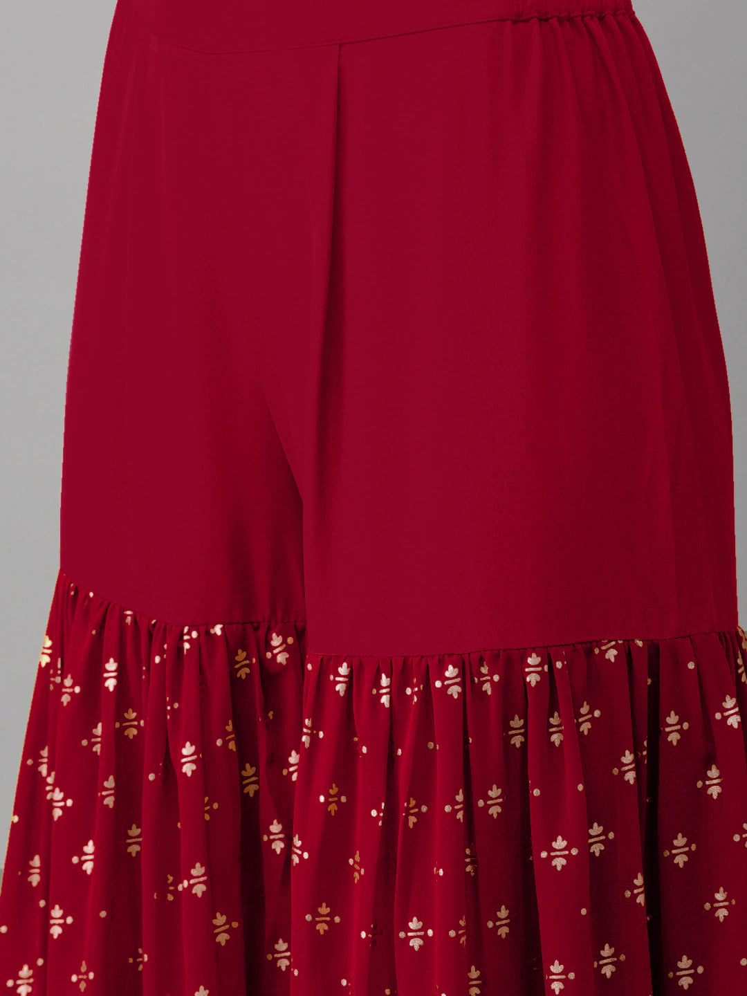 Women's Maroon & Gold Printed Kurti With Sharara & Dupatta