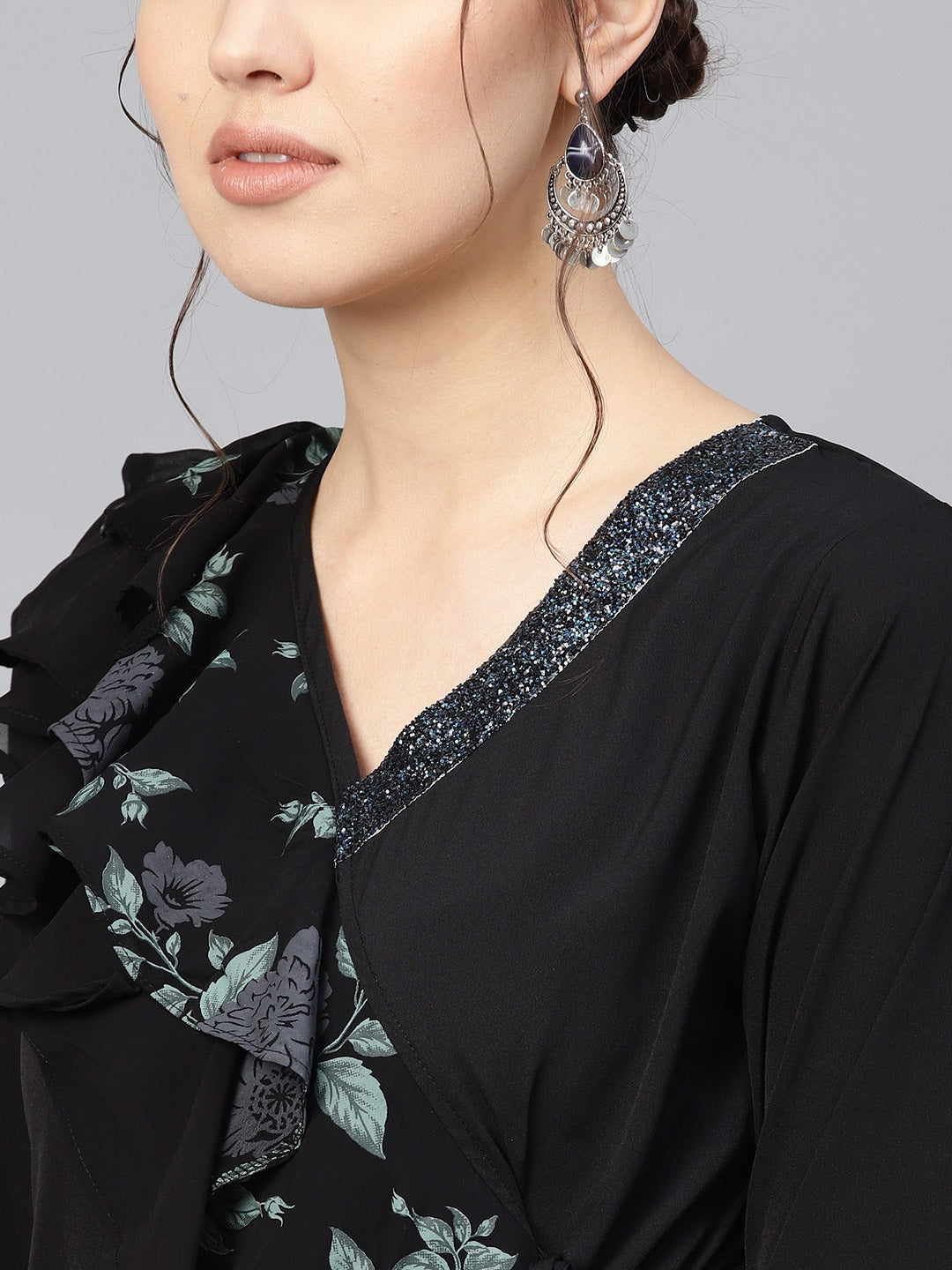 Women's Black Georgette Ruffled Kurt