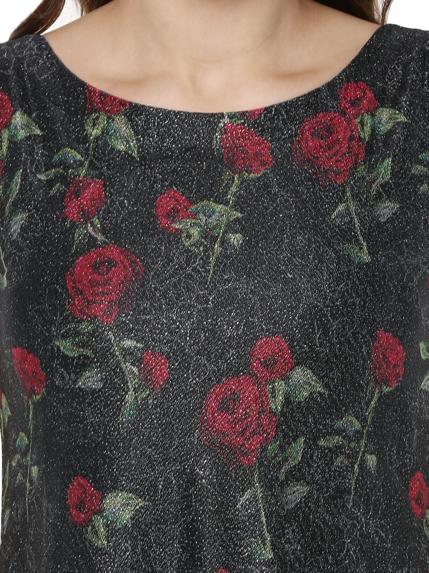 Women's Double Layer Black Rose Print A- Line Only Kurta