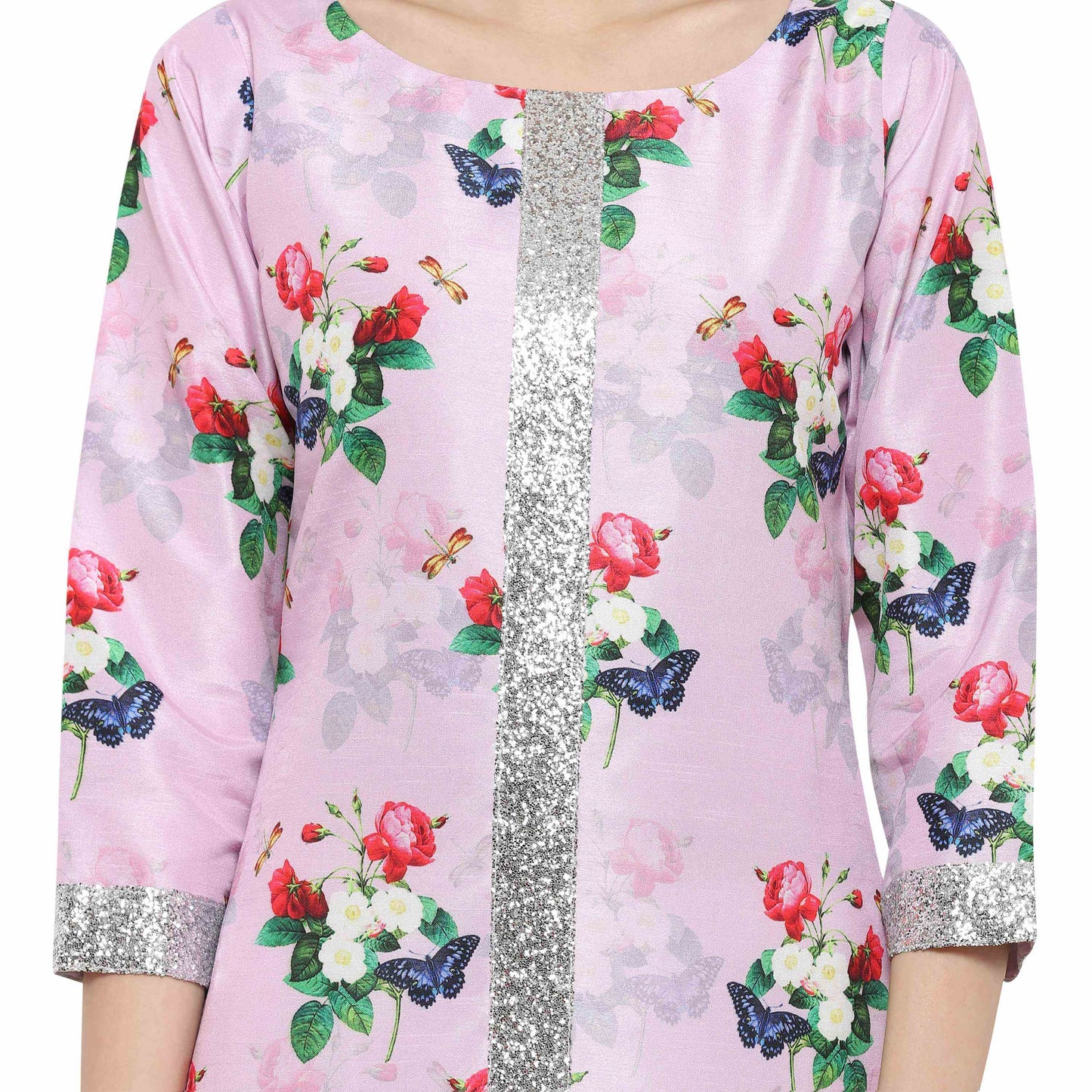 Women's Pink & Silver Floral Straight Only Kurta