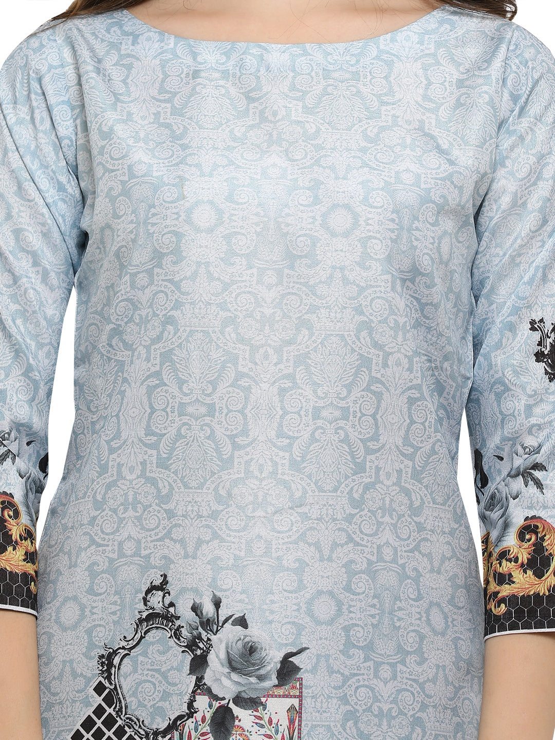 Women's Light Blue Digital Printed Faux Silk Only Kurta