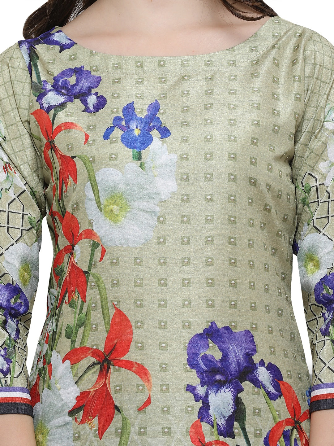 Women's Green Floral Straight Faux Silk Only Kurta
