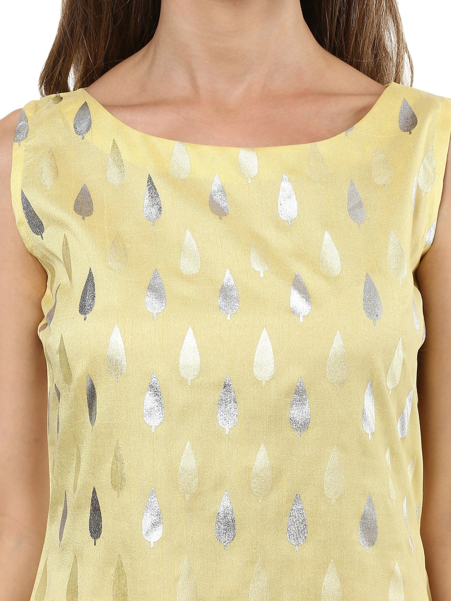 Women's Light Yellow Faux Silk Silver Print Straight Only Kurta